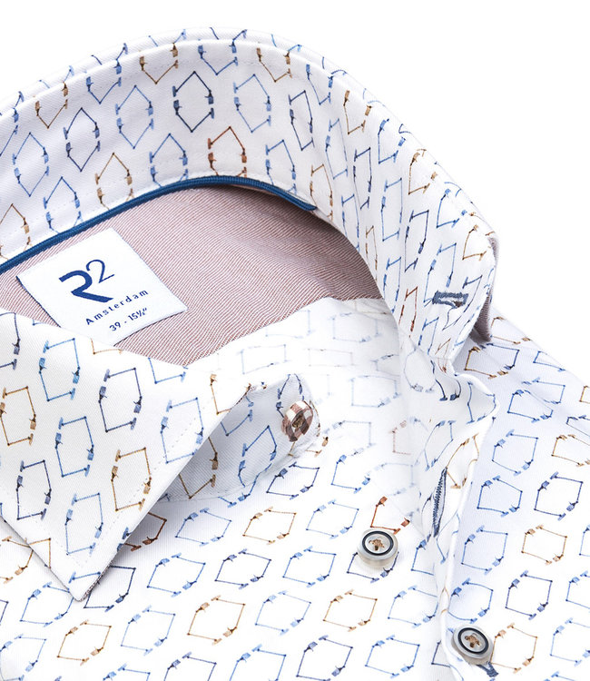 118.WSP.133/004 heren overhemd wit blauw beige bruin speciale lampen print 1knoops wide spread