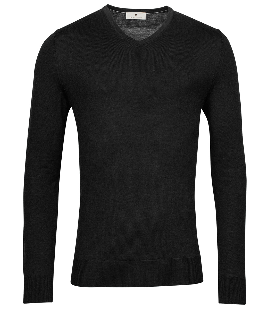 2281TM100-90 Thomas Maine heren zwart v-hals trui merino wol
