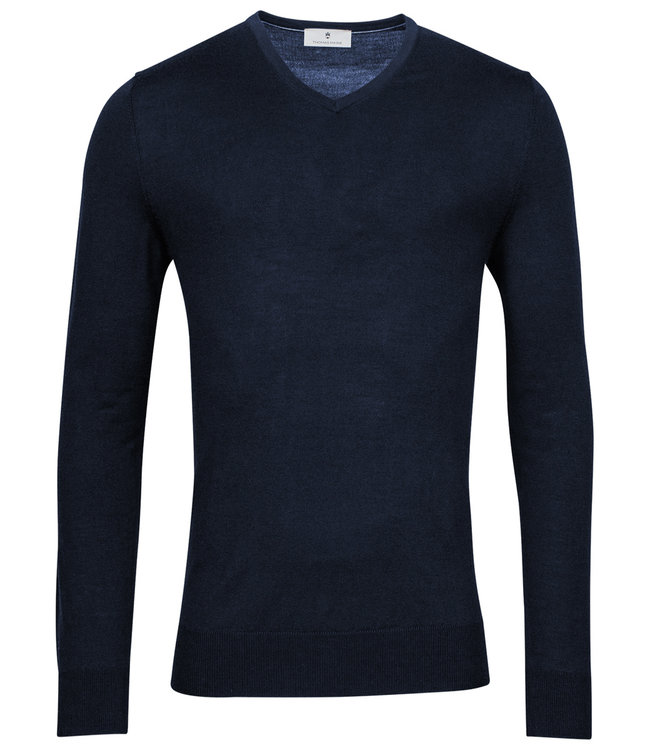 Thomas Maine 2281TM100-60 heren donkerblauw v-hals trui merino wol