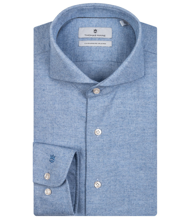 Thomas Maine 227757-63 heren overhemd blauw katoen cashmere 1knoops cut away