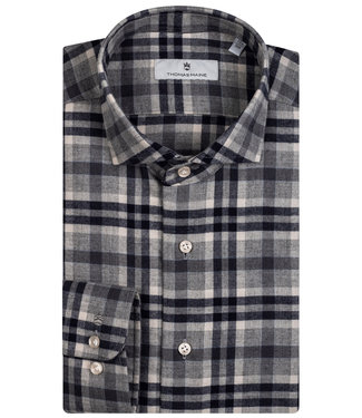 Thomas Maine overhemd grijs donkerblauw grote ruit katoen cashmere