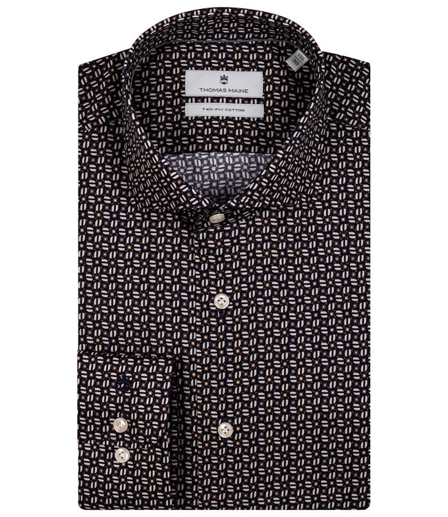 Thomas Maine 227706-60 heren overhemd donkerblauw bruin beige grafische print wide spread