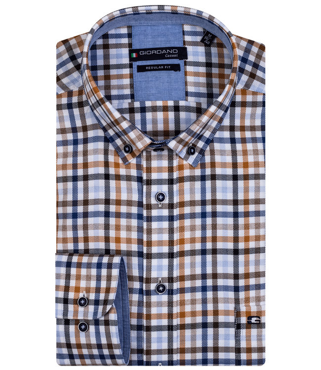 227309-60 Giordano Regular heren overhemd donkerblauw bruin wit ruitje