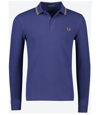 Fred Perry Twin Tipped polo lange mouw kobaltblauw met camel bruin logo