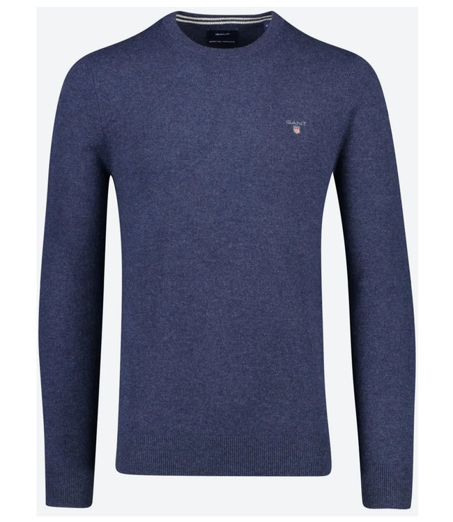 Gant 2022 86211 480 heren donkerblauw melange ronde hals trui superfine lamswol