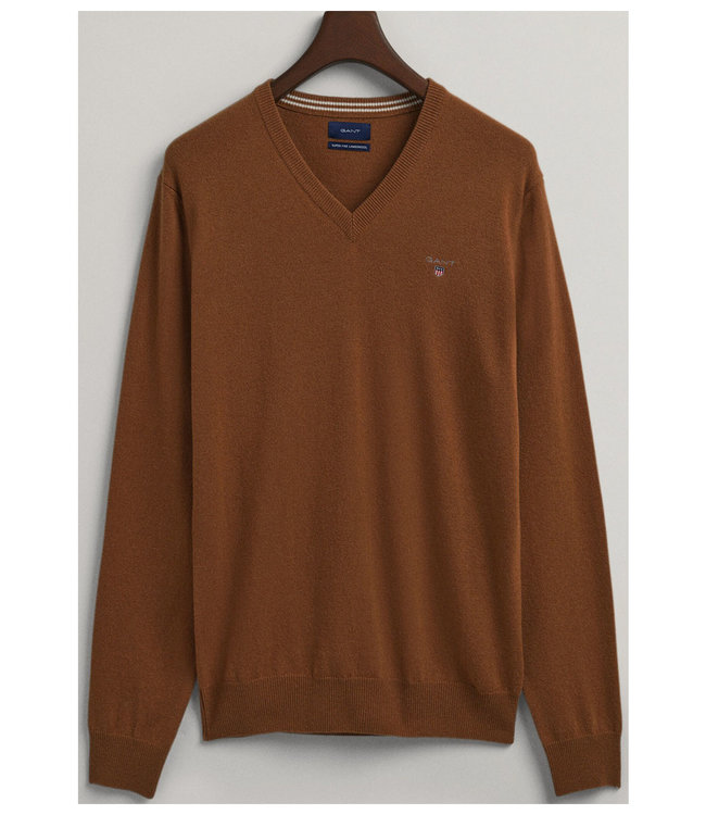 Gant 2022 86212 227 heren bruin v-hals trui superfine lamswol