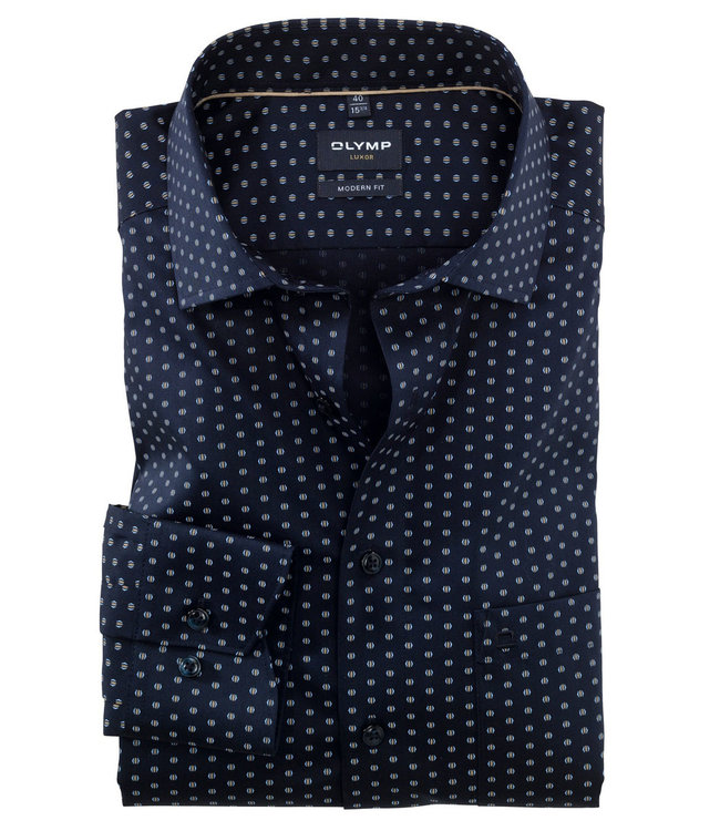 Olymp 1290 24 22 olymp overhemd donkerblauw beige grafische print