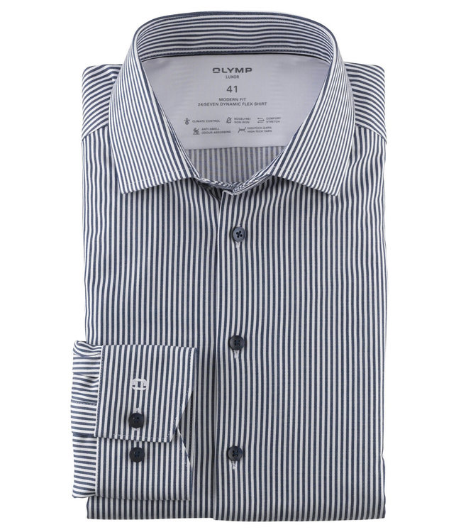 Olymp 1258 24 18 olymp overhemd donkerblauw wit streepje dynamic flex jersey