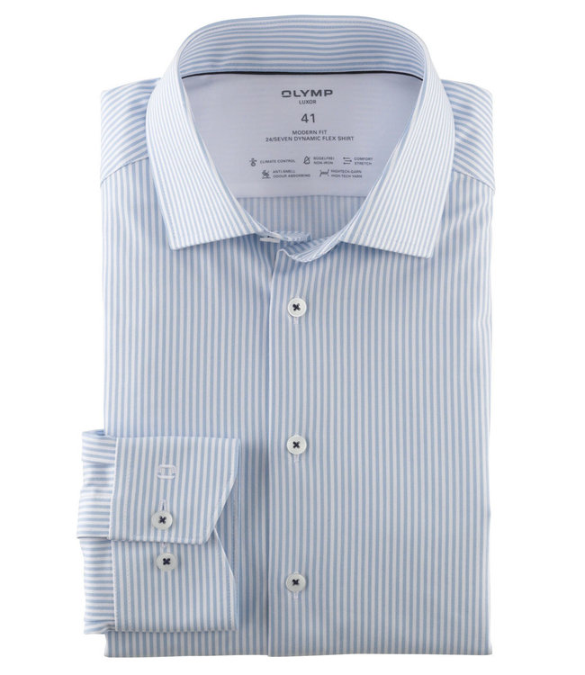 Olymp 1258 24 11 olymp overhemd lichtblauw wit streepje dynamic flex jersey