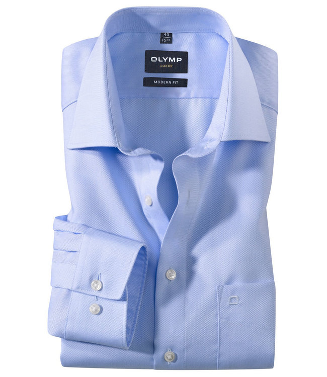 Olymp 0390 64 11 Olymp Luxor Modern Fit strijkvrij heren overhemd lichtblauw structuur 1knoops new kent met borstzakje