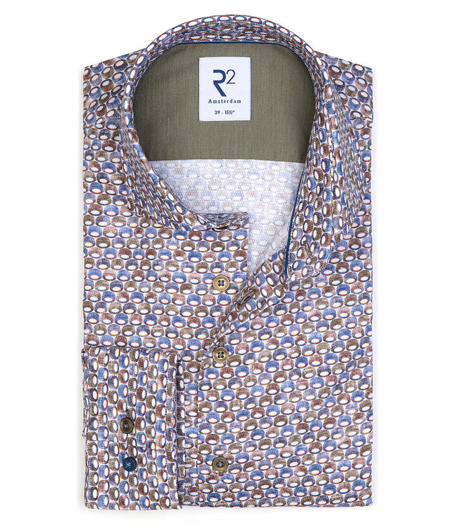 119.WSP.005/073 bruin blauw grafische print overhemd 1knoops wide spread