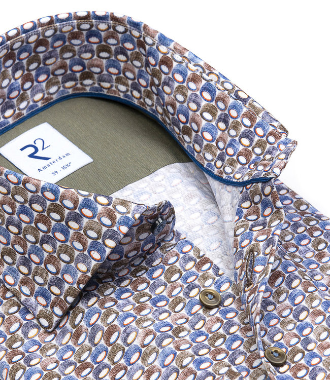 119.WSP.005/073 bruin blauw grafische print overhemd 1knoops wide spread