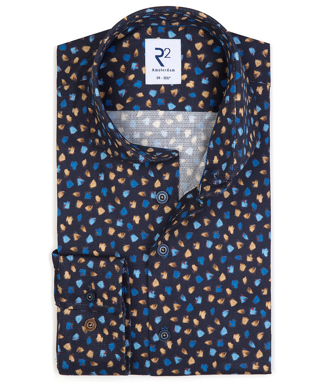 119.WSP.024/010 donkerblauw bruin blauw herfst print overhemd 1knoops wide spread