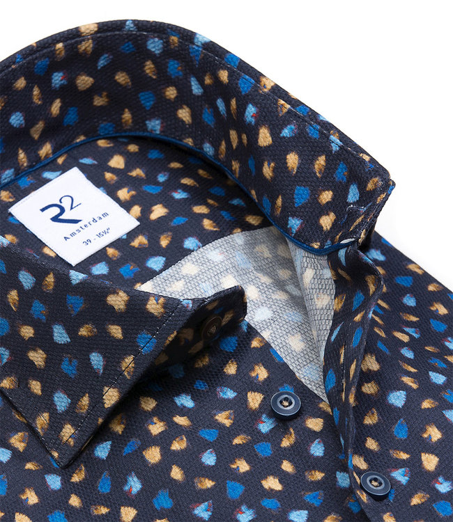 119.WSP.024/010 donkerblauw bruin blauw herfst print overhemd 1knoops wide spread