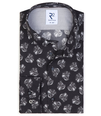 zwart met grijs bloemen print overhemd