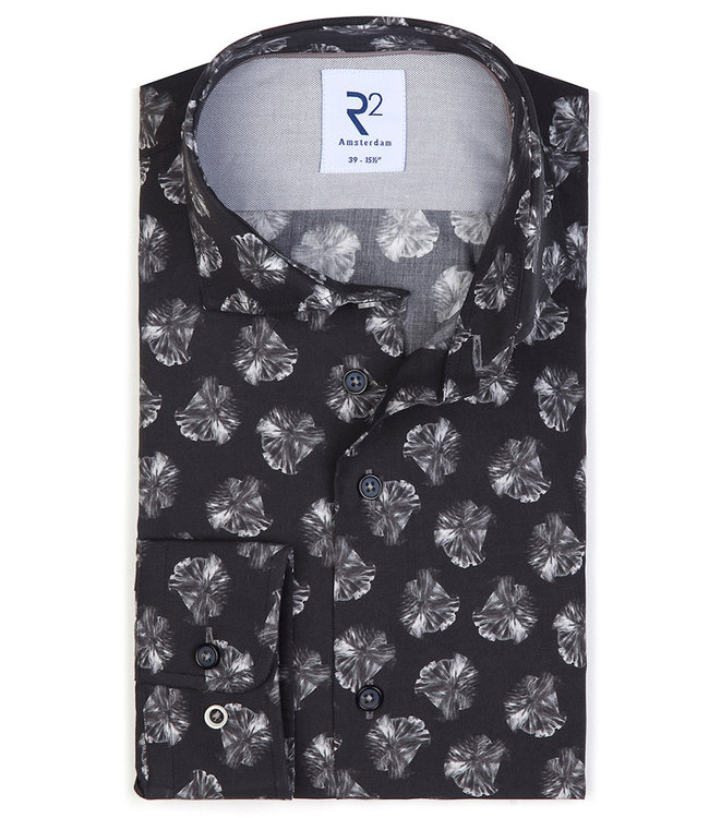119.WSP.040/020 zwart met grijs bloemen print overhemd 1knoops wide spread