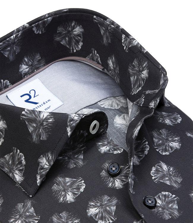 119.WSP.040/020 zwart met grijs bloemen print overhemd 1knoops wide spread