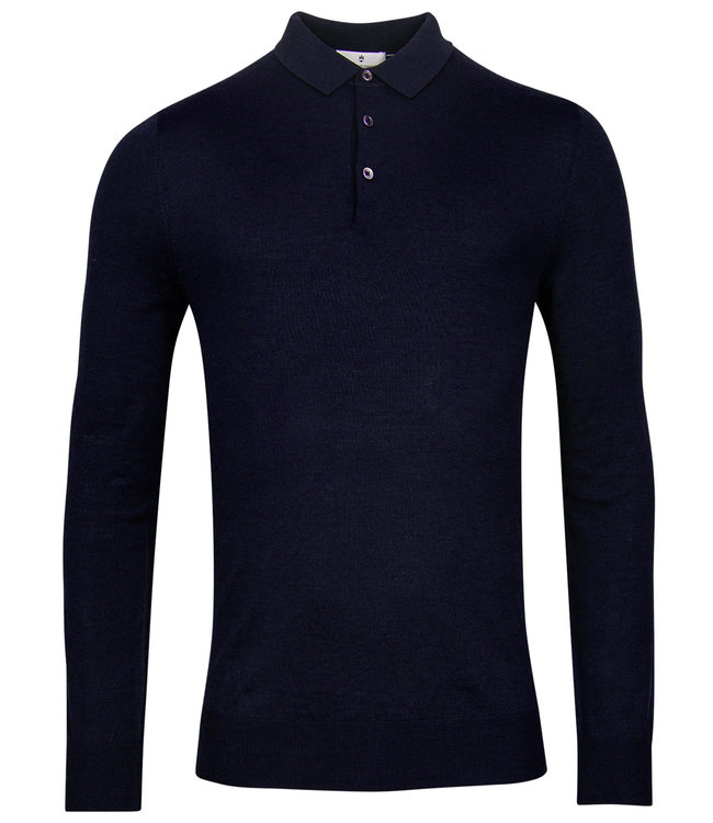 Thomas Maine heren polo lange mouw donkerblauw merino wol