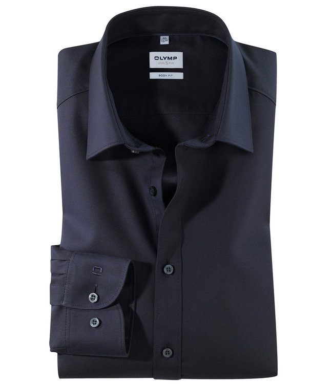 Olymp 0763 64 14  olymp overhemd donkerblauw twill katoen stretch body fit