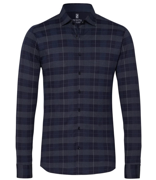 Desoto 59028-3 582 heren overhemd donkerblauw grote print ruit 1knoops wide spread kent