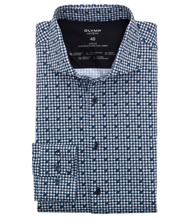 Olymp 2032 24 18 body fit overhemd blauw pied-de-poule werkje dynamic flex jersey 24 7 seven