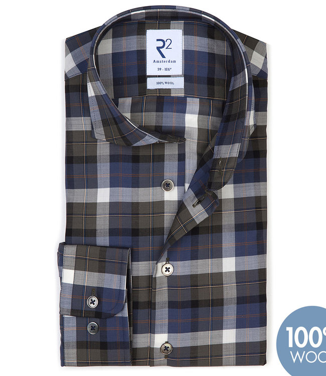 118.WSP.162/070 overhemd blauw grijs grote ruit 1knoops wide spread wol