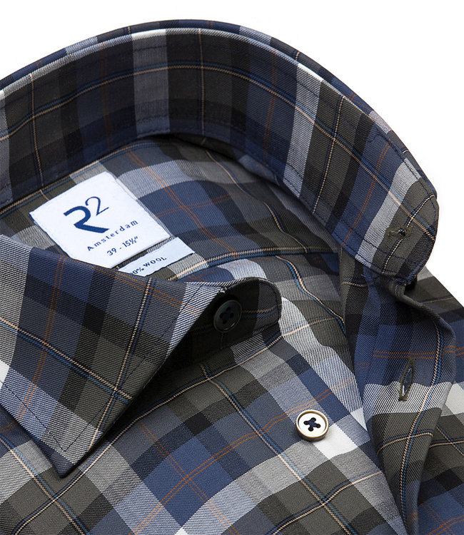 118.WSP.162/070 overhemd blauw grijs grote ruit 1knoops wide spread wol