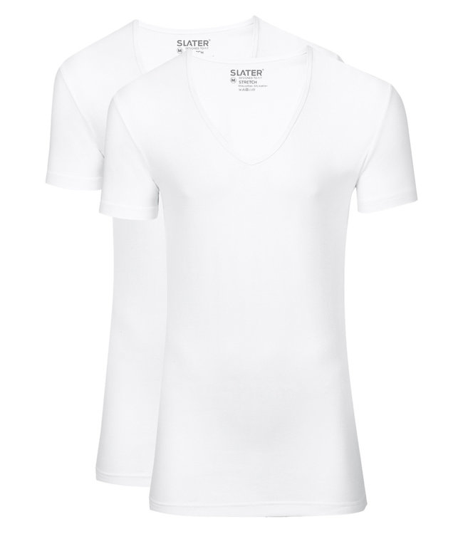 Slater 6700 wit Slater heren t-shirts 2-pack diepe v-hals stretch