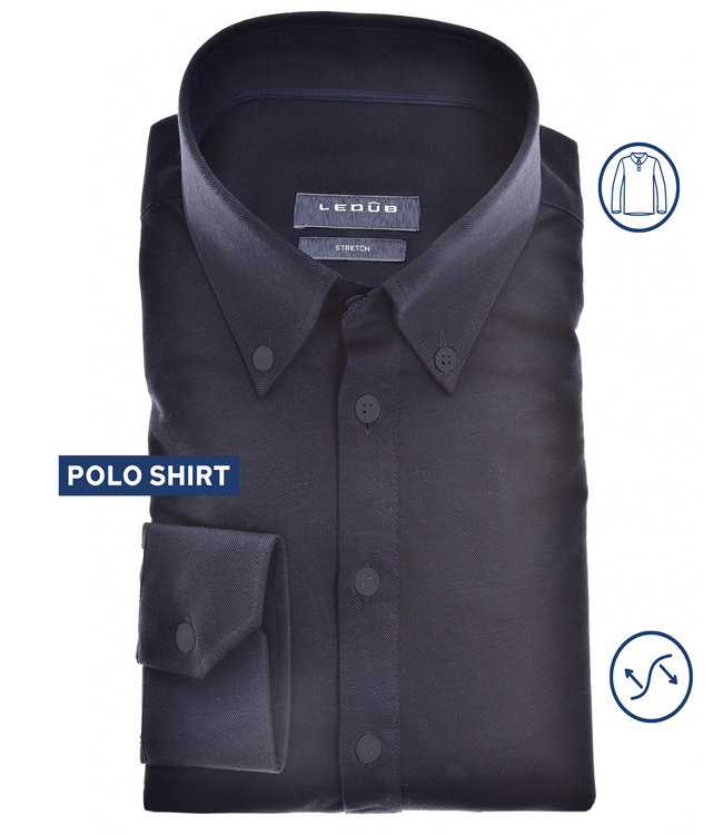 0141063-190  Ledub heren lange mouw polo slim fit donkerblauw button down