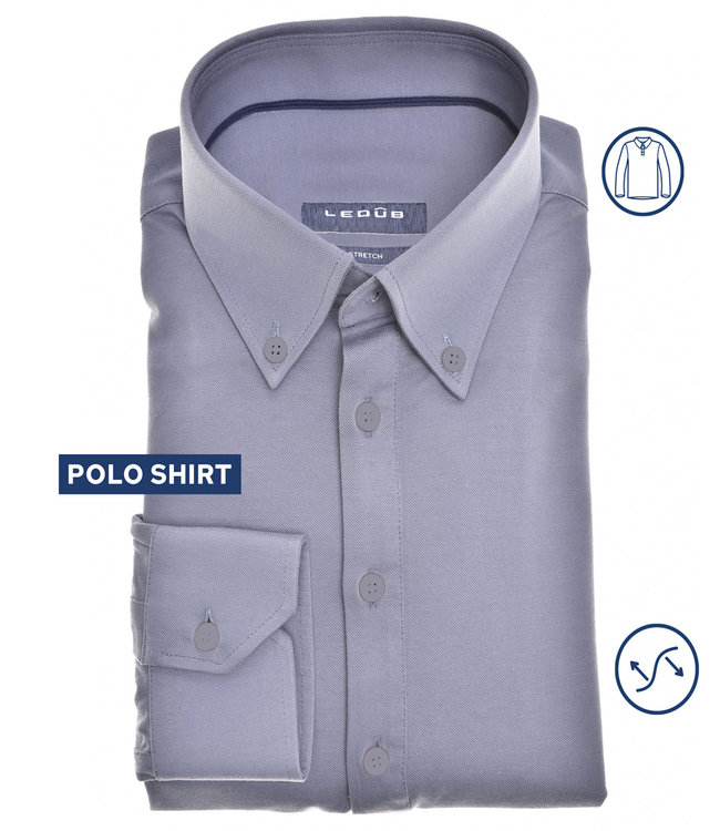 0141063-160 Ledub heren lange mouw polo slim fit blauw grijs button down