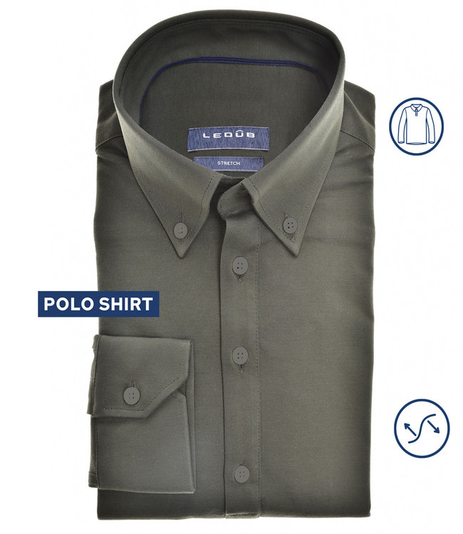 0141063-585 Ledub heren lange mouw polo slim fit donkergroen button down