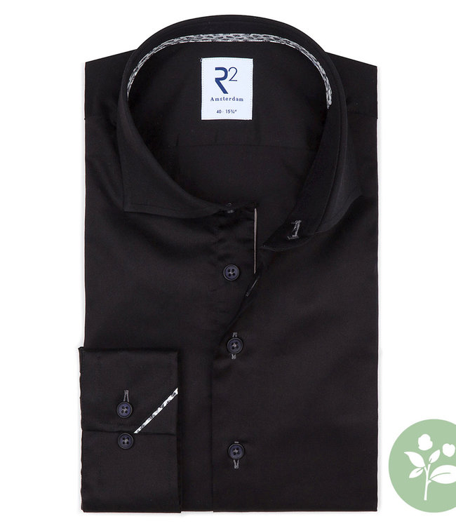 R2 Amsterdam NOS.TWILL.XLS.004/020 heren overhemd zwart 1knoops wide spread mouwlengte 7