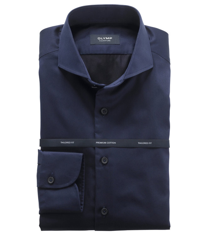Olymp 8518 89 15 tailored fit Signature strijkvrij overhemd Sano Satin donkerblauw mouwlengte 7