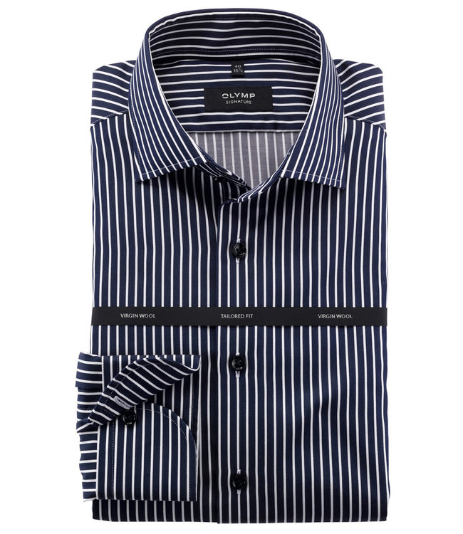 Olymp 8559 24 14 strijkvrij heren overhemd donkerblauw-wit brede streep