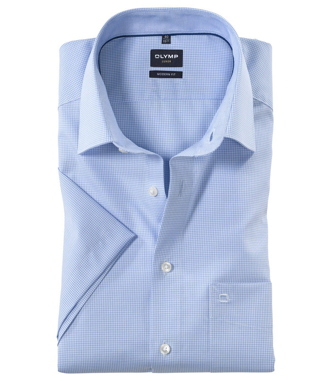 Olymp 3390 12 11 lichtblauw-wit ruitje strijkvrij Olymp Modern Fit heren overhemd korte mouw