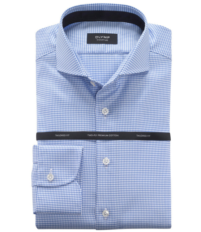 Olymp 8524 84 11 lichtblauw wit pied de poule werkje Signature strijkvrij overhemd Sano