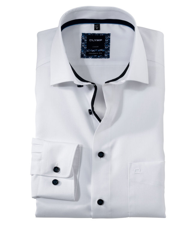Olymp 1224 19 00 olymp overhemd wit strijkvrij donkerblauwe knopen met borstzak mouwlengte 7