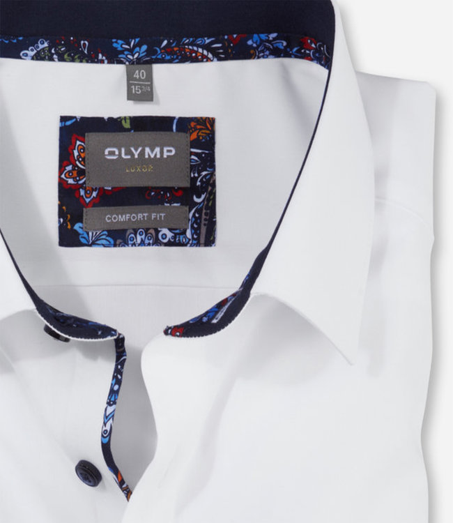 Olymp 1077 24 00 heren strijkvrij overhemd wit met donkerblauw print contrast