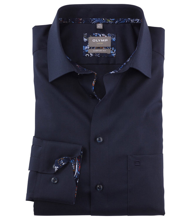 Olymp strijkvrij overhemd donkerblauw met print contrast