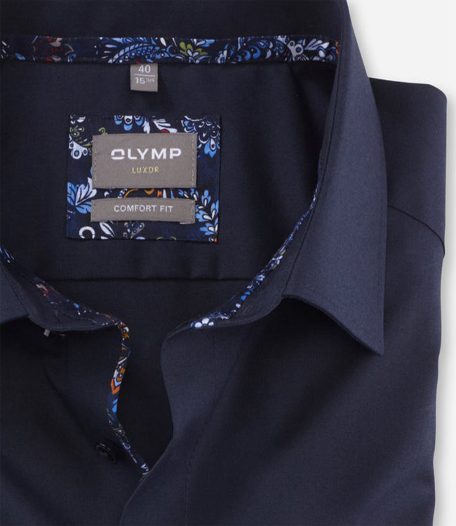 Olymp 1077 24 08 heren strijkvrij overhemd donkerblauw met donkerblauw print contrast