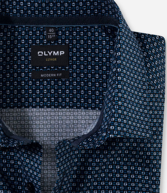 Olymp 1265 29 18 mouwlengte 7 overhemd donkerblauw blauw grafische print mouwlengte 7