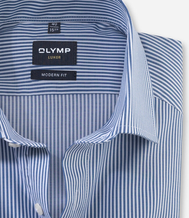 Olymp 0746 69 18 heren strijkvrij overhemd donkerblauw-wit streepje 1knoops new kent mouwlengte 7