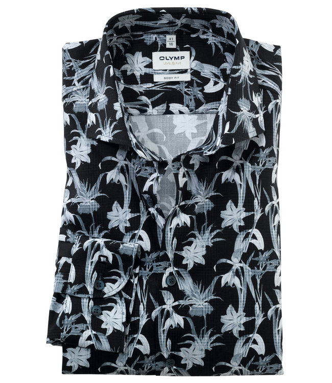 Olymp 2067 24 18 body fit overhemd donkerblauw wit blauw bloemenprint