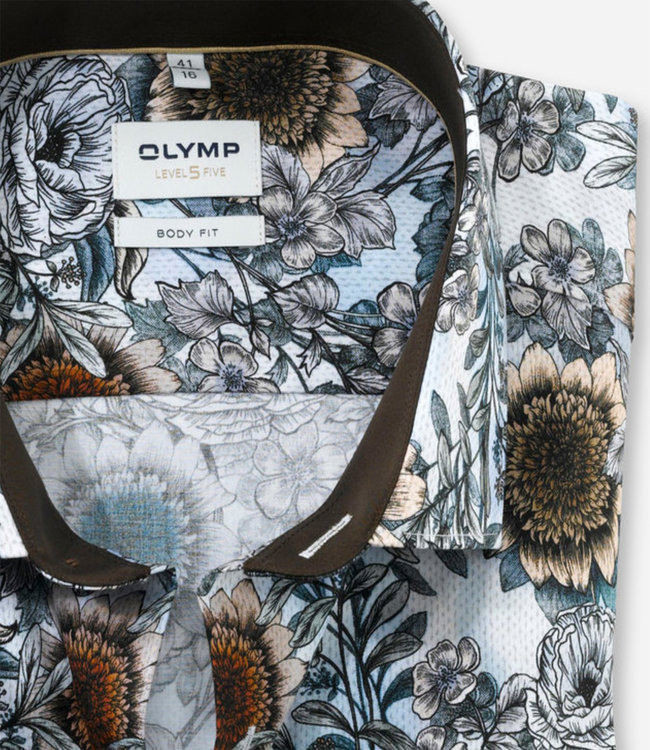 Olymp 2057 24 22 body fit heren overhemd donkerblauw speciale zonnebloem print