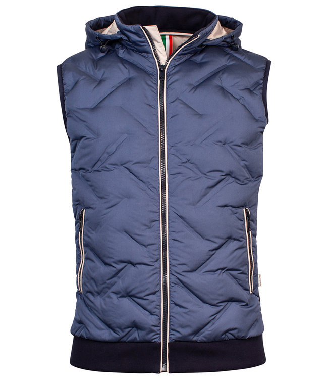 312528-63 Giordano heren bodywarmer gestept met sweater stof jeans blauw donkerblauw details met afritsbare capuchon