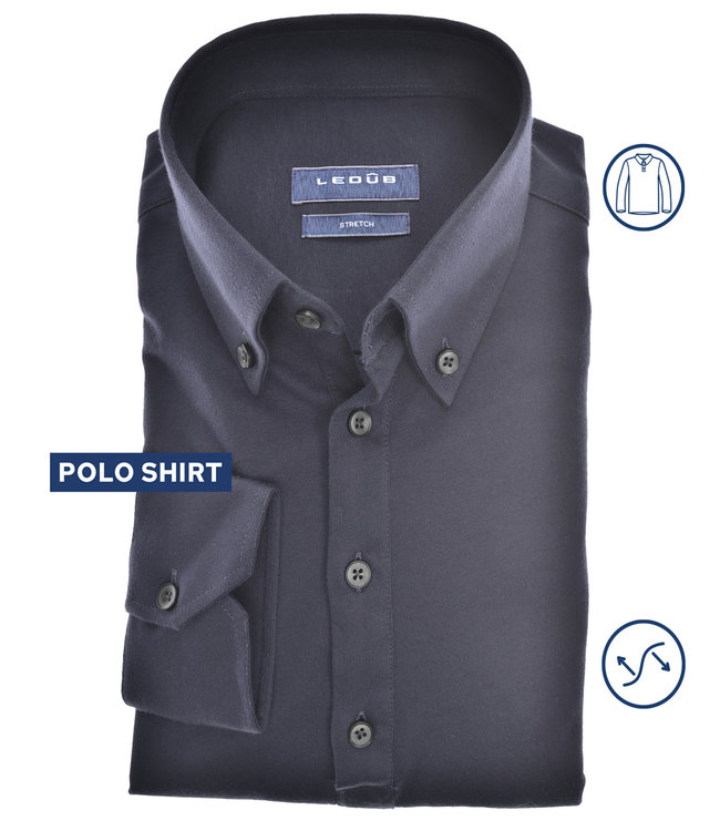 0141497-190  Ledub heren lange mouw polo slim fit donkerblauw button down