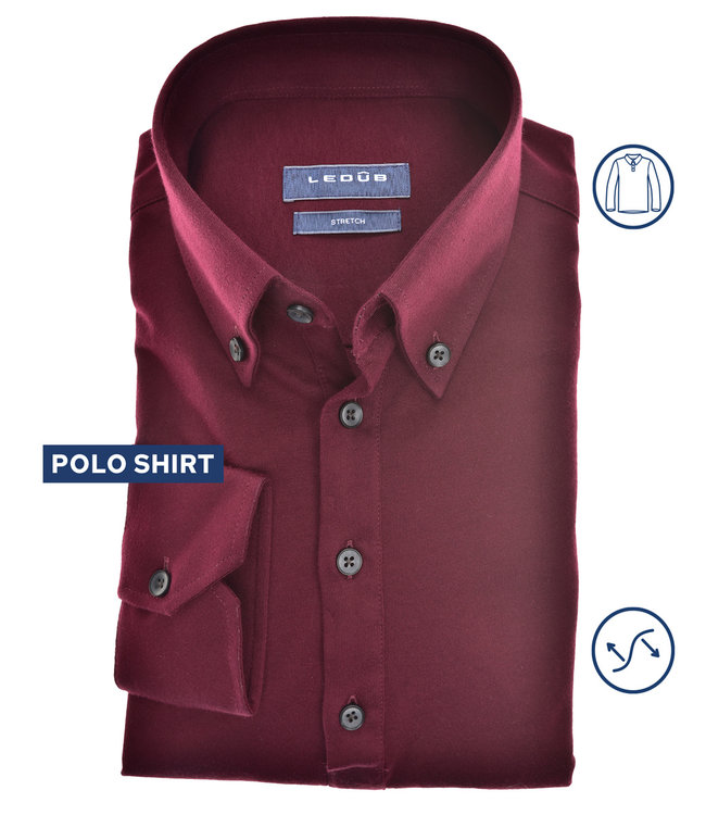 0141497-490  Ledub heren lange mouw polo slim fit bordeaux rood button down