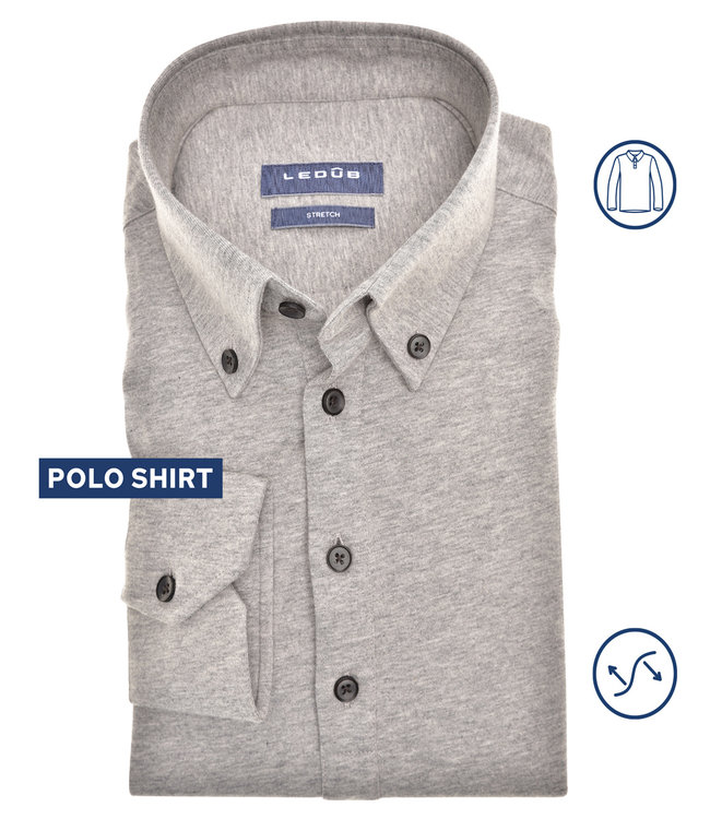Ledub 0141497-230  Ledub heren lange mouw polo slim fit lichtgrijs button down