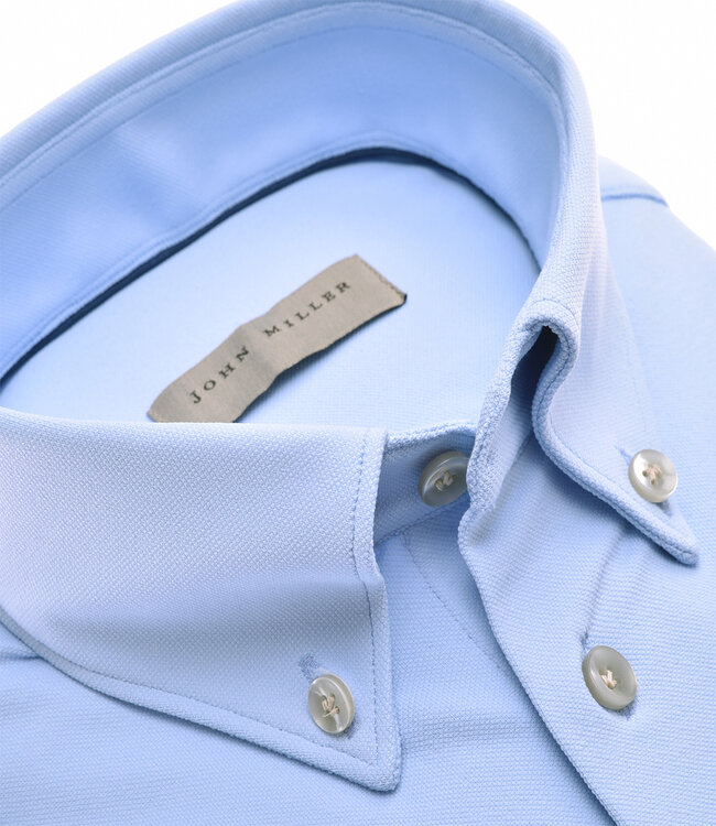 John Miller 5140430 130 heren overhemd korte mouw slim fit lichtblauw structuur hyperstretch