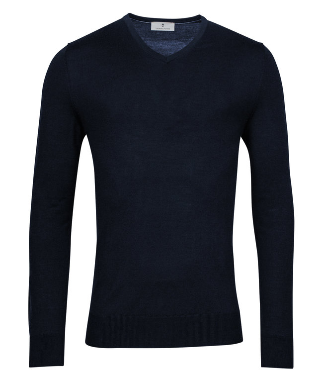 Thomas Maine 3181TM100-60 heren donkerblauw v-hals trui merino wol